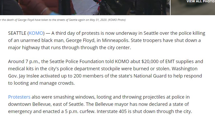 A local ABC news affiliate reported that $20,000 worth of medical gear was stolen by SPD. There is no corroboration. https://abc3340.com/news/nation-world/highway-shut-down-as-new-protests-begin-in-seattle