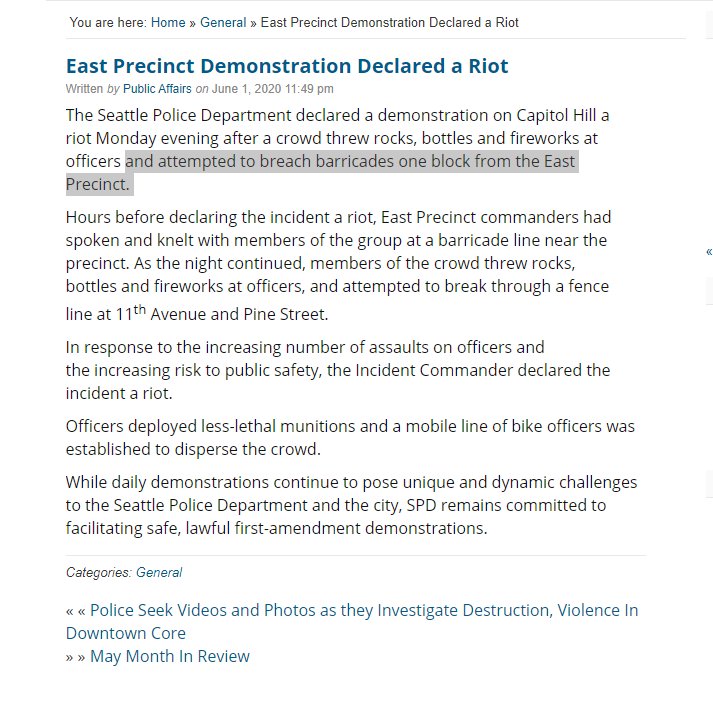 A report issued by SPD seems to indicate increasing pressure on the East Precinct. https://spdblotter.seattle.gov/2020/06/01/spd-declares-east-precinct-demonstration-a-riot/