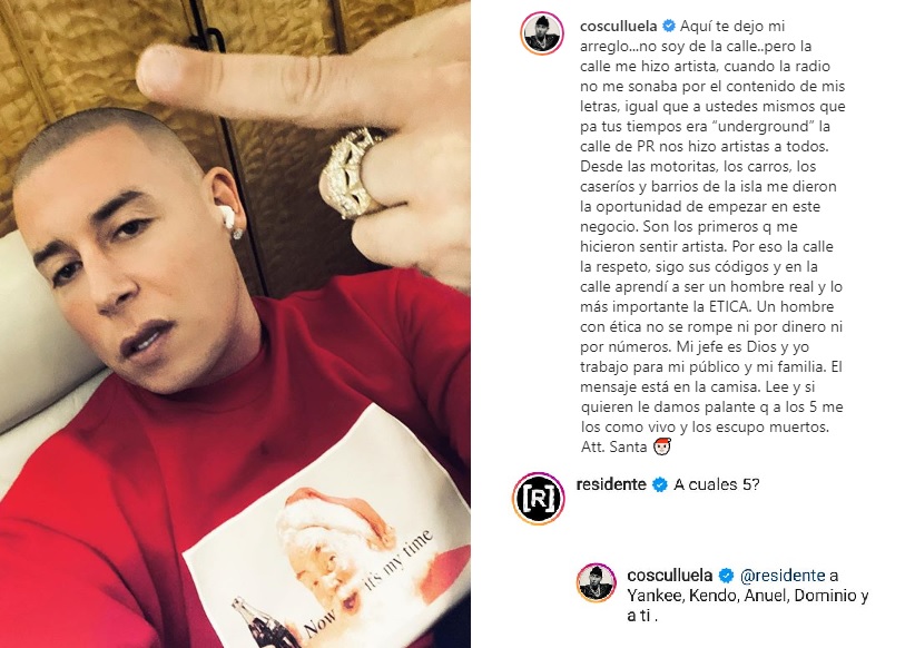 "Cosculluela":
Por su publicación en Instagram y su respuesta a Residente