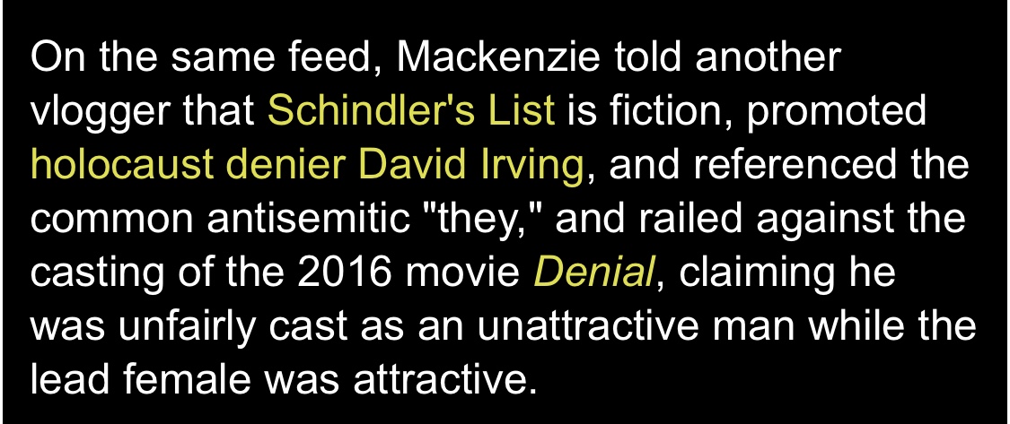 7. Here's another person who claims to target Israel, but really means Jews.Mackenzie was recently permanently banned from Twitter for his antisemitism, but claimed it was due to “criticism of Israel.”  http://anti-racistcanada.blogspot.com/2020/02/jeremy-mackenzie-nova-scotia-based.html