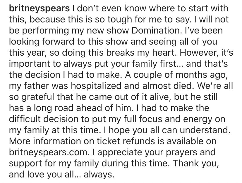 In 2019, Britney’s new show Domination was postponed due to her father’s health.