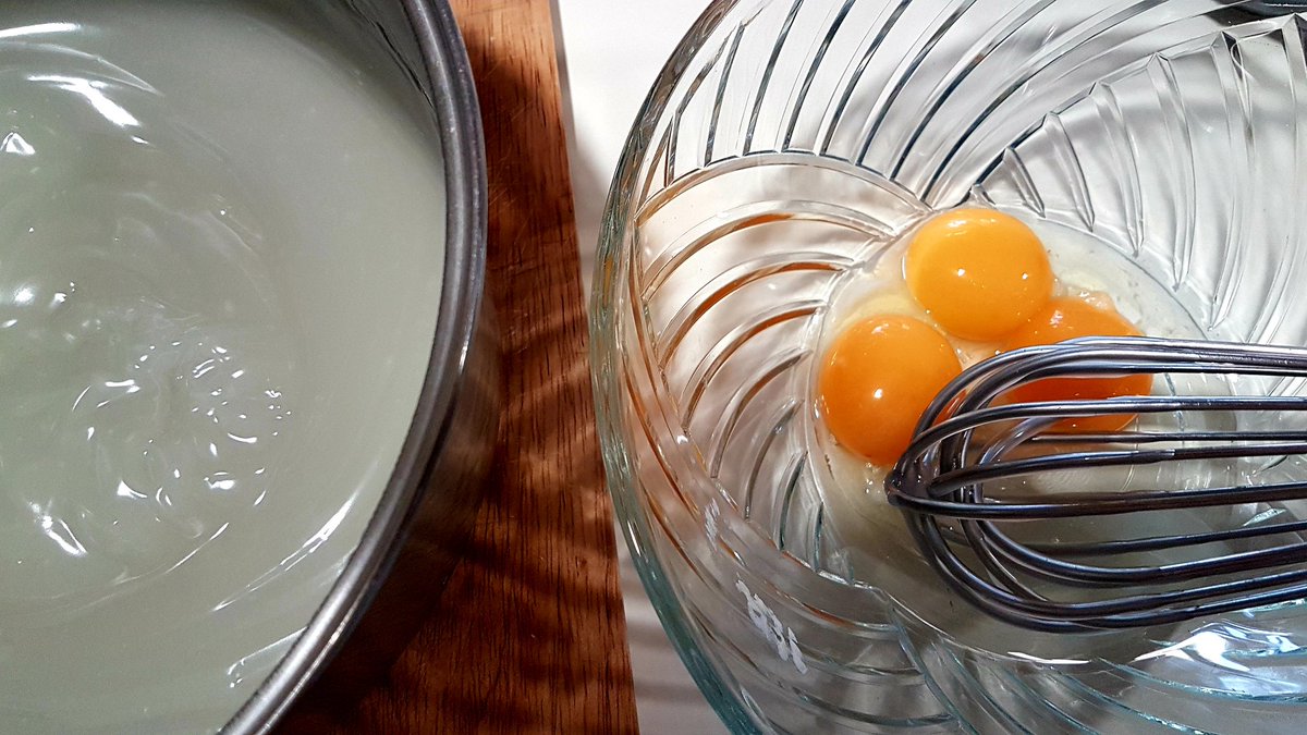 Put the egg yolks into a larger bowl & give them a bit of a whisk.Keep the hot sugar mixture handy.
