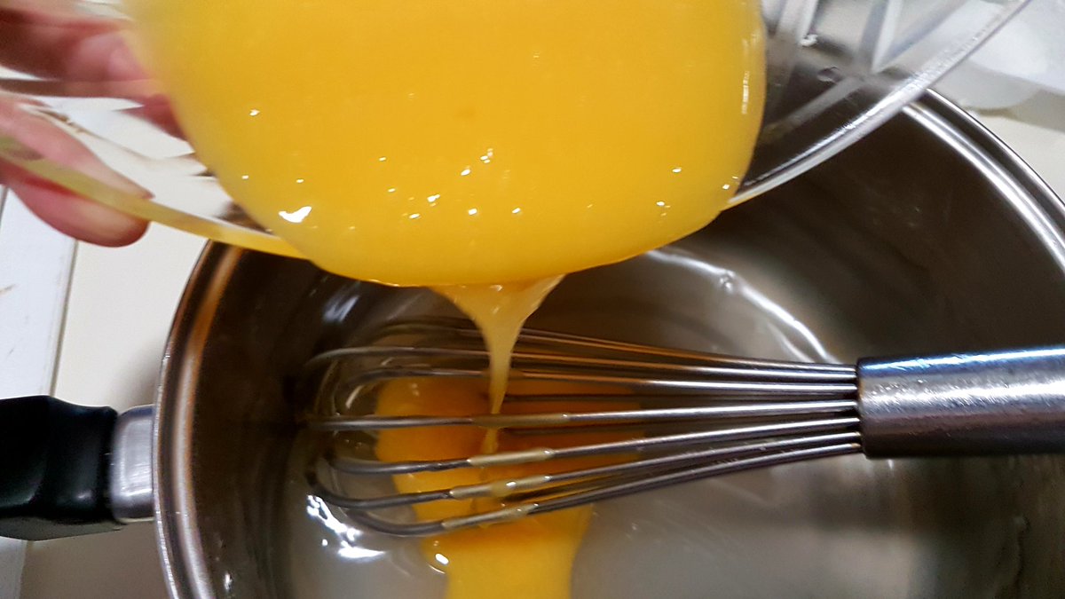 Now pour the egg mixture back into the remaining mixture in the pot, whisking evenly all the time.Bring saucepan back up to heat, stirring constantly, and boil for 1 minute.Remove from heat.