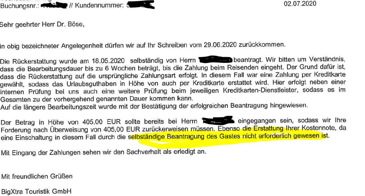 dr_boese's tweet photo. #Bigxtra meint, sechs Wochen seien zur #Erstattung des Reisepreises wegen #Corona ok. Das BGB sieht es anders, § 651h Abs. 4 BGB. Klage ist raus. #klagenhilft #Verbraucherrecht #Reiserecht https://t.co/MglgfB5p7b