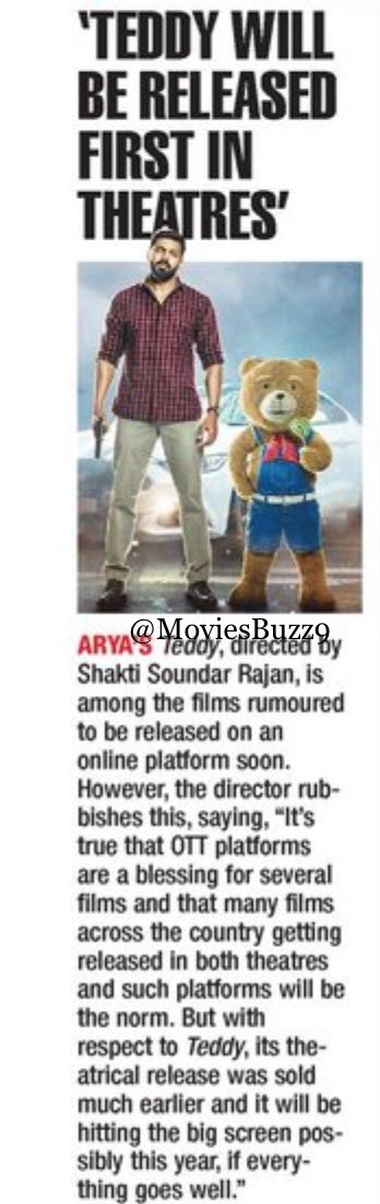 MoviesBuzz9's tweet image. #Contrary to rumours, director @ShaktiRajan says that #Teddy will be released first in theatres as its theatrical rights were sold much earlier

@arya_offl @sayyeshaa 
@immancomposer @madhankarky @actorsathish @StudioGreen2 @kegvraja @K9Studioz @DopYuva @proyuvraaj