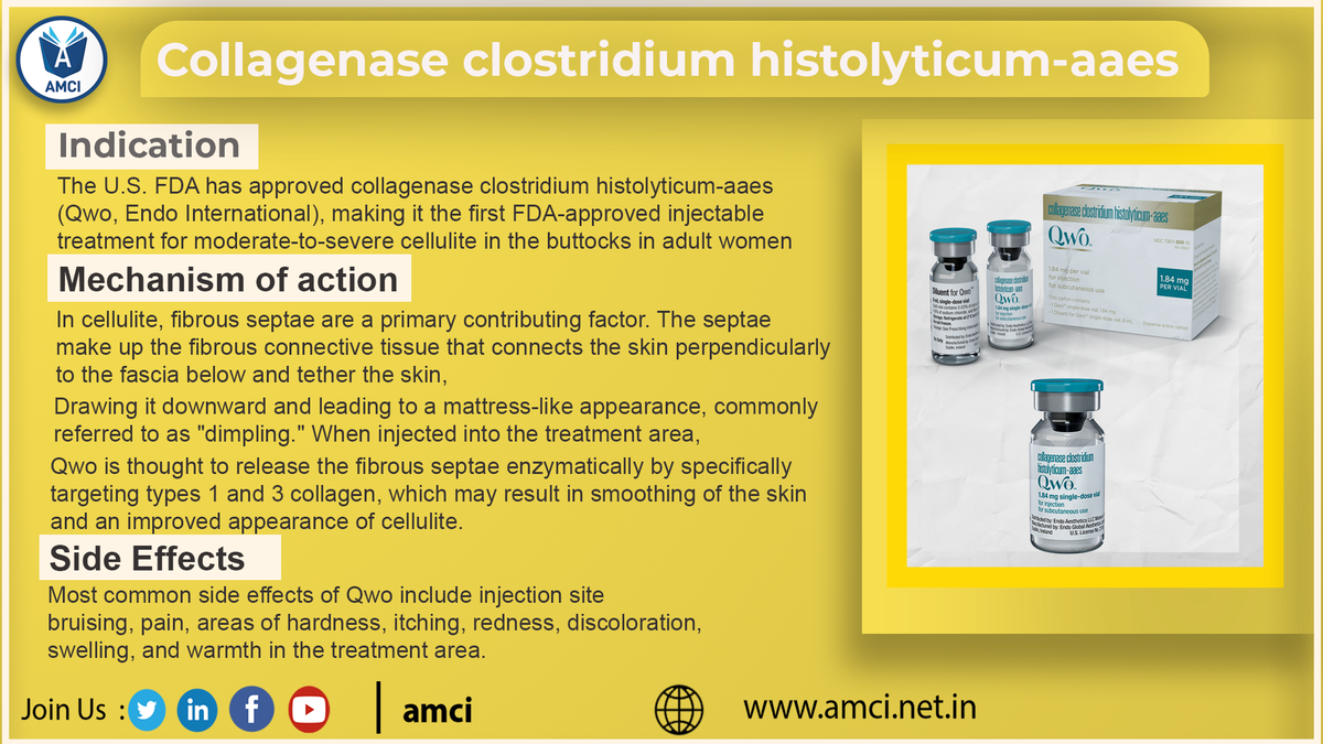 amciedtech's tweet photo. FDA has approved collagenase clostridium histolyticum-aaes, the first injectable treatment for moderate-to-severe cellulite in the buttocks in adult women.
#FDA #Drugs #MBBS #Doctors #FMGE #NEETPG #AMCI
Visit: https://t.co/P6md4mCX19 https://t.co/wMAibsA16N