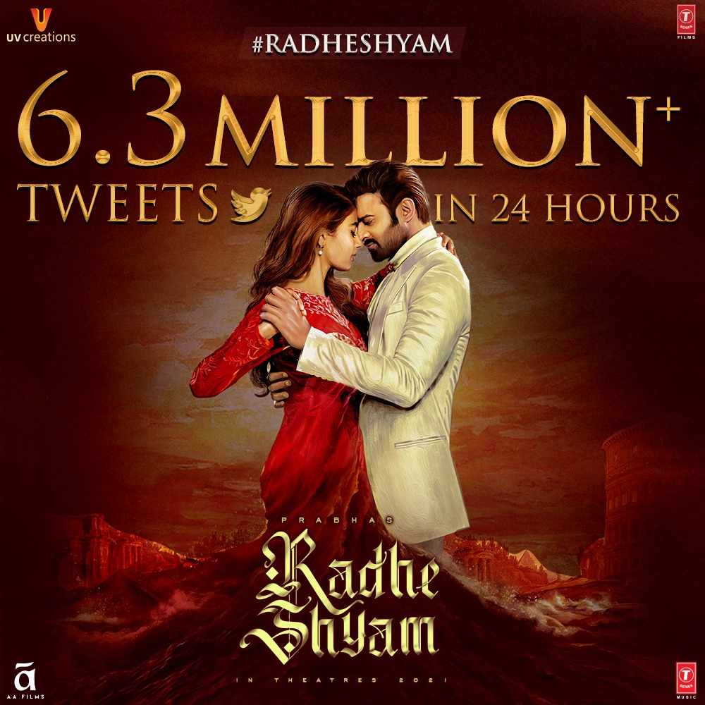 UV_Creations's tweet photo. #RadheShyam has set the new benchmark in twitter with 6.3M+ tweets in 24Hours💥.
Huge thanks to all Darling fans❤️

#Prabhas @hegdepooja @director_radhaa @UVKrishnamRaju garu @itsBhushanKumar @TSeries with #Vamshi #Pramod &amp; @PraseedhaU @UV_Creations @AAFilmsIndia https://t.co/ZaXl4rxP6o