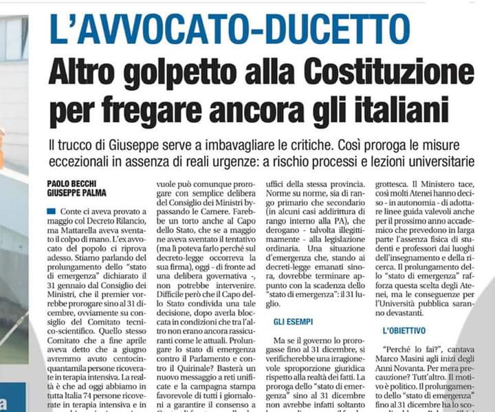 GiuseppePalma78's tweet image. Articolo a firma mia e di @pbecchi su #Libero di oggi. In edicola.
La proroga dello #statodiemergenza ha l'obiettivo di saldare a P. Chigi #Conte e la maggioranza giallorossa. 
Un tentativo del tiranno di tirare a campare fino al semestre bianco
#11luglio