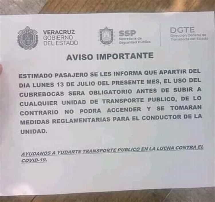 Cubrebocas obligatorio en Transporte Público de Veracruz para evitar los contagios