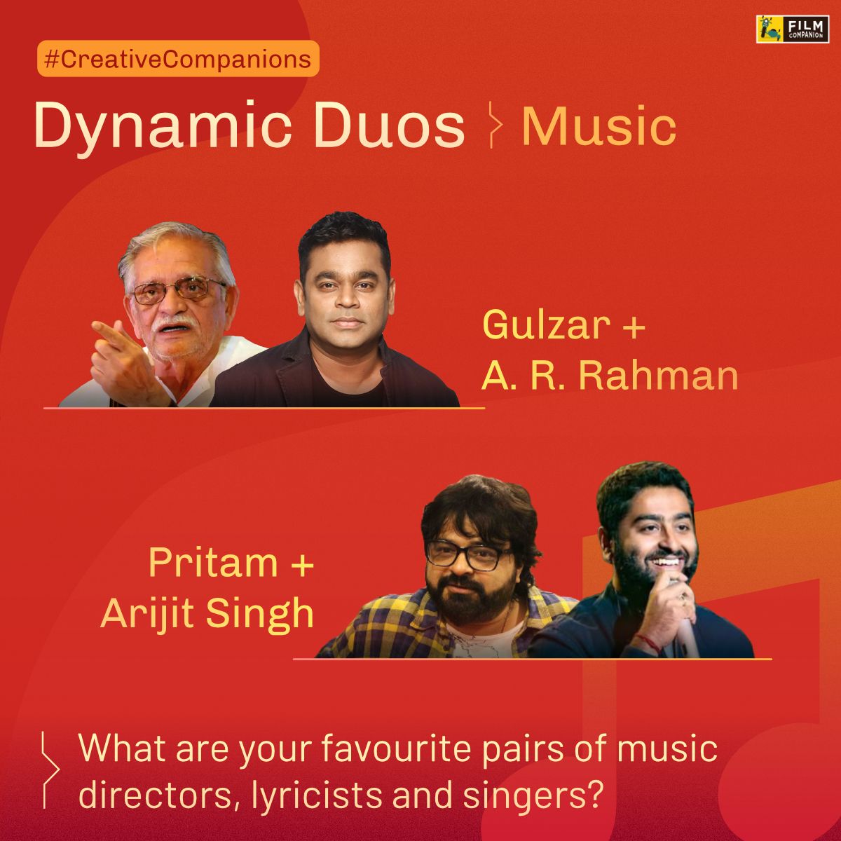 FilmCompanion's tweet photo. In #CreativeCompanions we look at some of the best artistic collaborations - with new aspects of cinema and added levels of difficulty every week. Today, tell us which pairs of music directors, lyricists and singers have collaborated for your favourite musical hits. https://t.co/wthahNEMfi