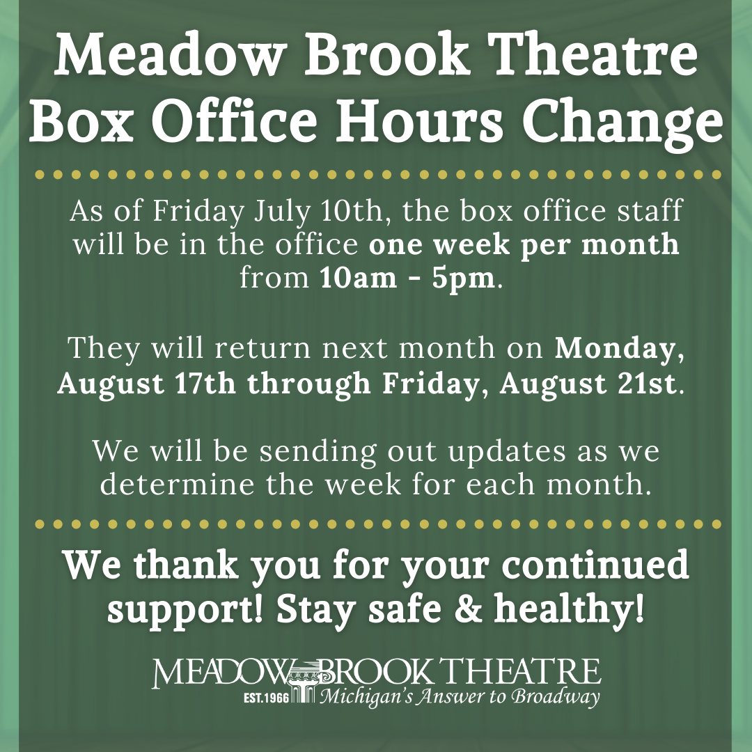 MBTheatre's tweet photo. MBT staff safety is of the upmost importance to us. As of Friday July 10th, the box office staff will be in during limited hours one week per month. We thank you for your continued support as we navigate through the pandemic! https://t.co/g80cCwMc8R