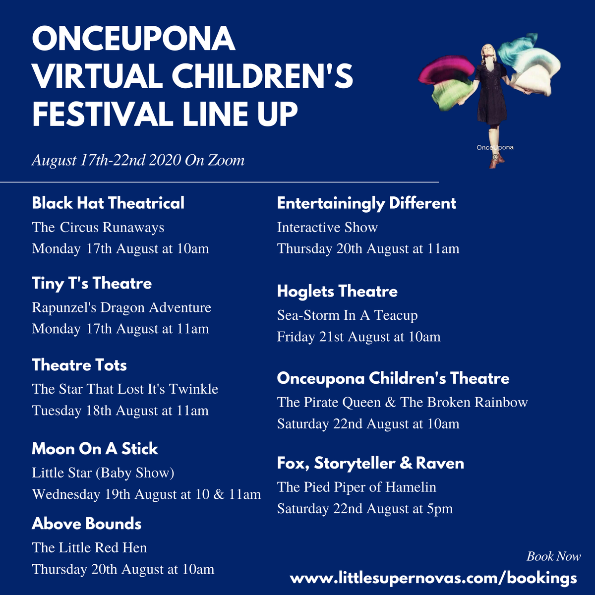 Here is our line up for #OnceuponaChildrensfestival 17th-22nd August! Our whole week of #storytelling &amp; #fun is available to book now littlesupernovas.com/bookings
More info: littlesupernovas.com/festival-shows
<a href="/tt_tinytheatre/">Tiny T's Storytelling & Theatre</a> <a href="/TheatreTots/">Theatre Tots</a> <a href="/Moononastickuk/">Moon On A Stick</a> <a href="/AboveBounds/">Above Bounds</a> <a href="/EntertaininglyD/">Rob Pudner</a> @MamaHoglet
