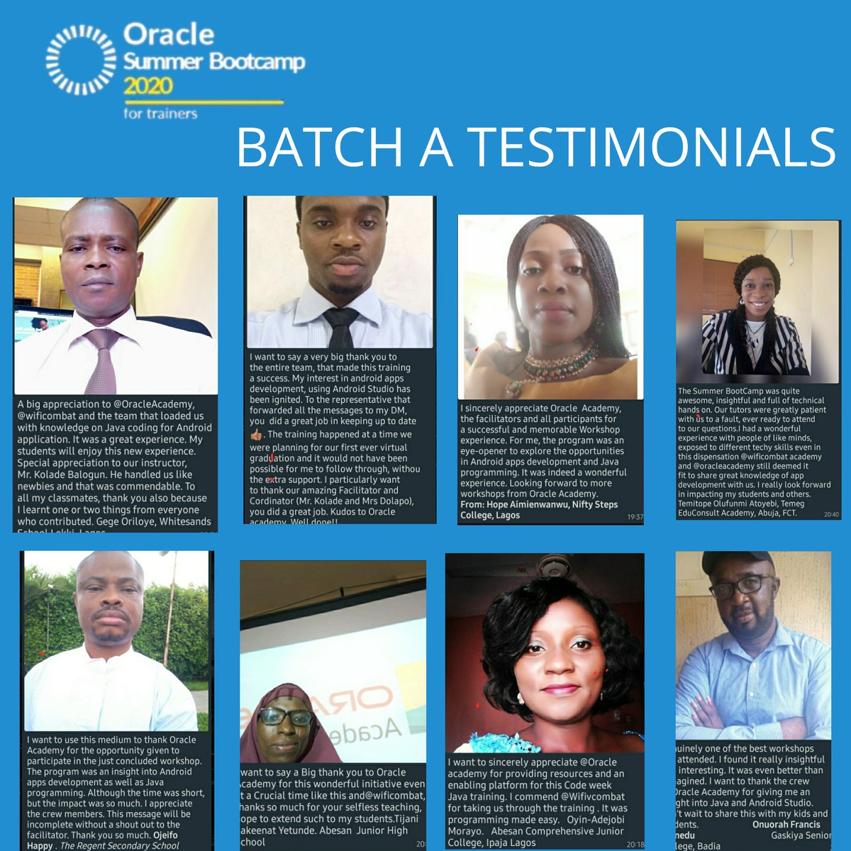 wificombat's tweet photo. We are glad to announce that the first batch of the @oracleacademy summer bootCamp for trainers ended on a good note.
Swipe to see what some of our participants had to say.
#teacherscancode #oraclecodeweek #oraclecodeweek2020 #wificombat #codingforteachers #java #mobileapps https://t.co/B6iJkcGoNg
