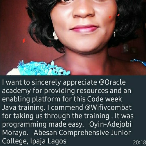 wificombat's tweet photo. We are glad to announce that the first batch of the @oracleacademy summer bootCamp for trainers ended on a good note.
Swipe to see what some of our participants had to say.
#teacherscancode #oraclecodeweek #oraclecodeweek2020 #wificombat #codingforteachers #java #mobileapps https://t.co/B6iJkcGoNg