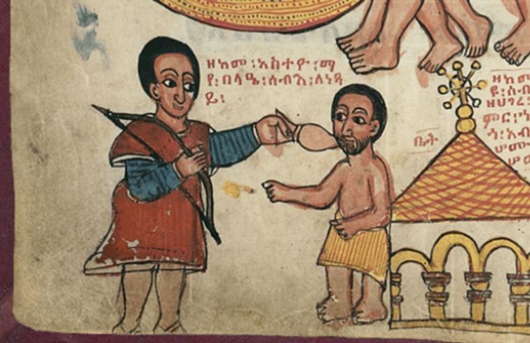 In the story, the cannibal (a wealthy man) eats his family and servants, then goes looking for more victims. A beggar asks him for a sip of water in Mary's name, and he reluctantly grants it (but just one sip!).