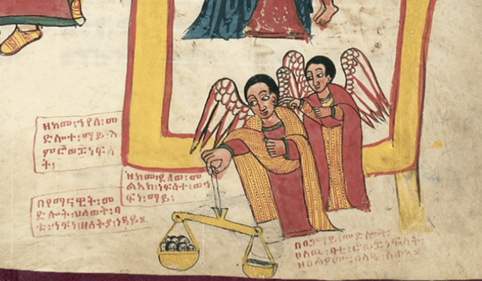 Mary says that the cannibal gave a beggar a sip of water once, so he's not all bad, and--she argues--should have his sins forgiven. Jesus orders an angel to measure the sip of water against the 78 people the cannibal ate. The water outweighs them. The cannibal goes to heaven.