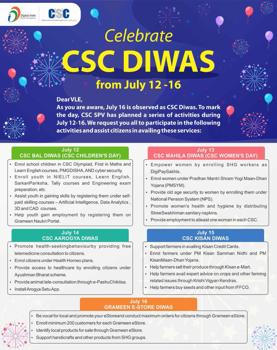 प्रिय सी एस सी भी एल ई, प्रबधंक, समन्यवक, जोऩल हेड और सभी सदस्य गण,
निम्नलिखित गतिविधियों के क्रियान्वयन हेतु सीएससी दिवस के अवसर पर कल 12 जुलाई से 16 जुलाई  तक वर्णित <a href="/CSCegov_/">CSCeGov</a> सेवा लोगों को प्रदत्त करने हेतु निवेदन किया जाता है।सभी की भागेदारी अपेक्षित है।