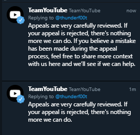 EpicLPer's tweet photo. @TeamYouTube @thunderf00t Lol and now you guys removed the "There's nothing we can do"...

What's going on? https://t.co/9cjimZNWzz