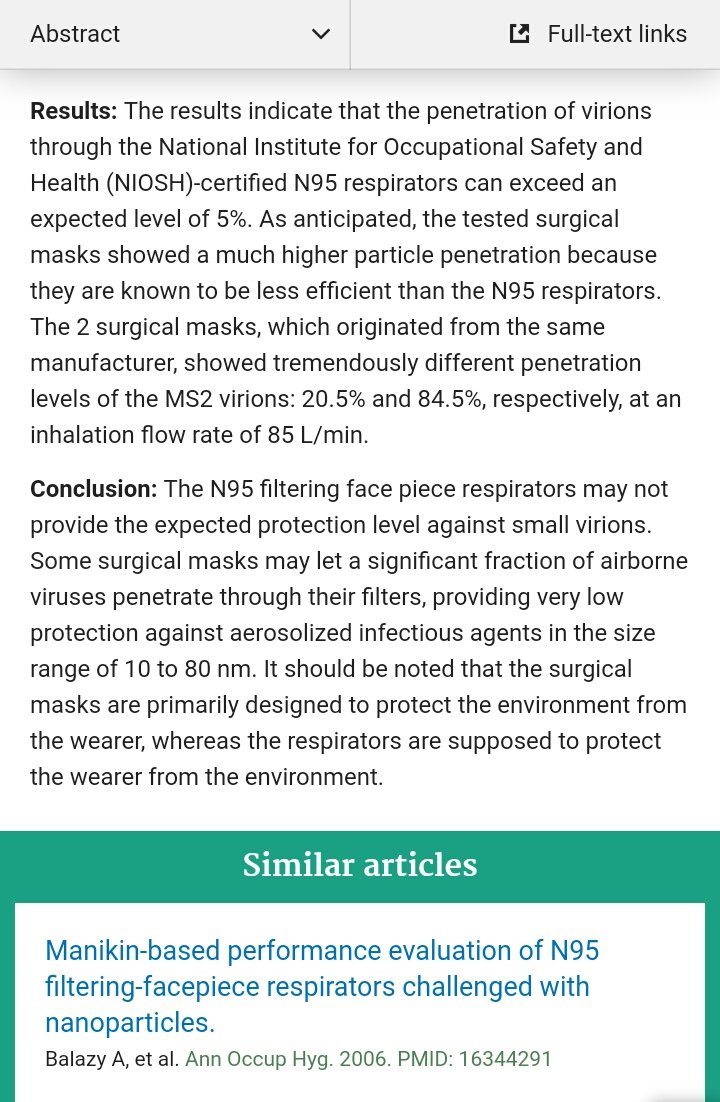 5/ So masks deplete your oxygen intake, force you to inhale your own carbon dioxide & bacteria accumulated in the  #mask. And get this - they DO NOT BLOCK VIRUS. Virus penetration is 84.5% for Surgical & cloth masks & 20.5% for N95 masks.  https://pubmed.ncbi.nlm.nih.gov/16490606/ 