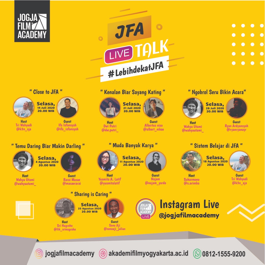 jogjafilmac's tweet photo. Woro-woro! @jogjafilmacademy bakal ngadain IG LIVE loh gaes, Banyak pembahasan seru dan pastinya bikin kalian lebih tau tentang Jogja Film Academy. Tema yang kita angkat adalah "LEBIH DEKAT JFA" Pasti pada penasaran kan kenapa dan ada apa aja sih di JFA? See you there!!! https://t.co/XqGmyRpcDO