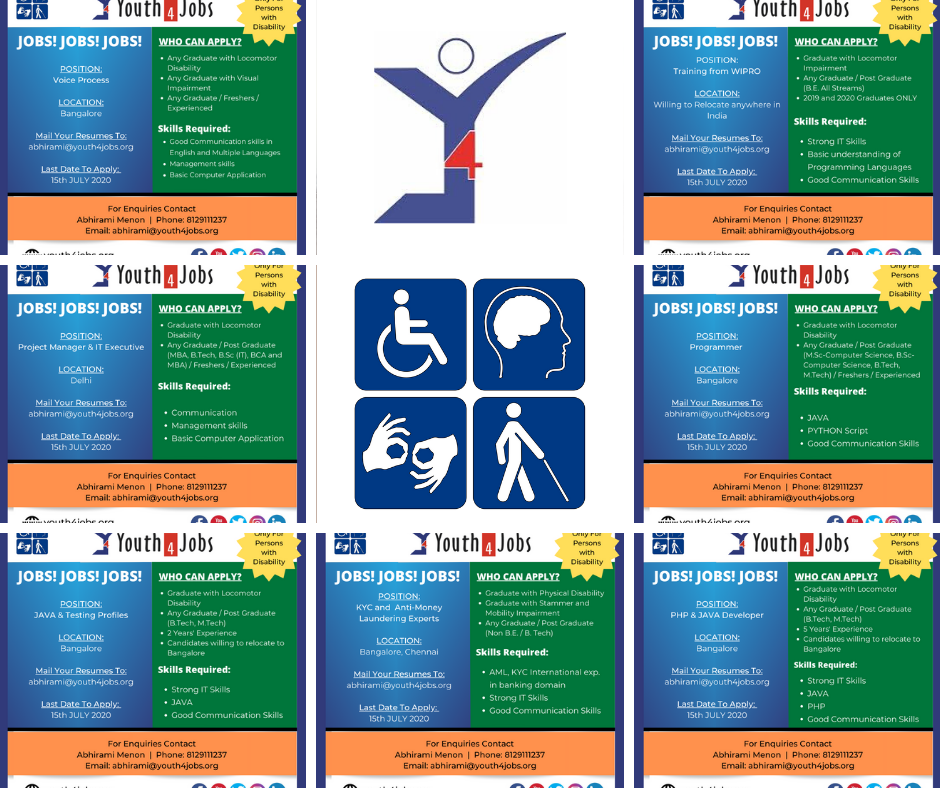 Youth4Jobs's tweet photo. Limited Jobs Vacancies for Persons with Disability:
Locations: Delhi, Bangalore and Chennai

For Enquiries Contact
Abhirami Menon
Phone: 8129111237
Email: abhirami@youth4jobs.org

#Jobs #Vacancy #PwD #Disability #Y4J https://t.co/BXn4NFIAz7
