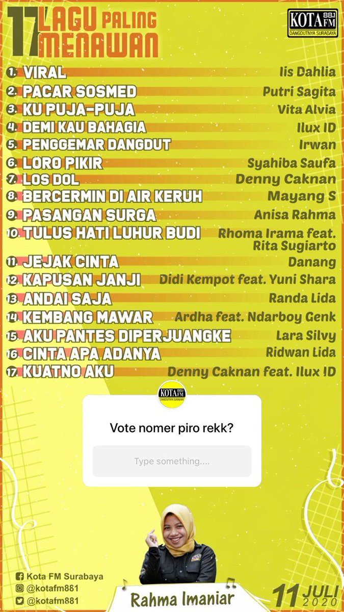 wes siap malmingan bareng <a href="/arinarahmaniar/">Arina Rahmaniar</a> nang #TUGUPAHLAWAN #kotafmsby ?
vote lagu favoritmu saikii yokk sobat kota