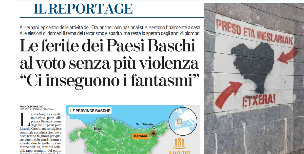 MonicaRBedana's tweet photo. Occhi puntati su @franolivo2 , inviato a #Euskadi per le elezioni di domani: suo il miglior reportage, oggi, a 23 anni dalle nostre mani bianche e da quel dolore bestiale per l'assassinio di Miguel Ángel Blanco, che sapemmo trasformare in fermezza,dialogo e fine della violenza.👉 https://t.co/btM1UWlSu6