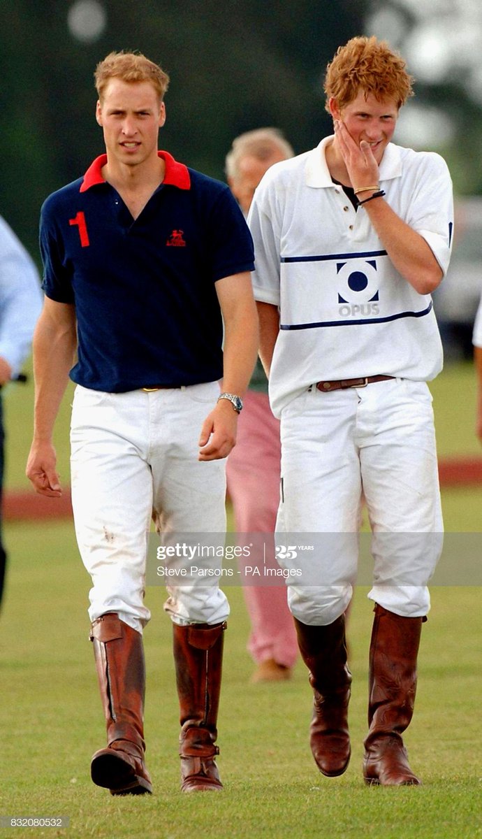 Princes William & Harry playing on opposite sides at Vodafone Polo Trophy Match in aid of Hope for Tomorrow and The Prince's Trust at the Beaufort Polo Club, watched by Kate and Chelsy, 2006