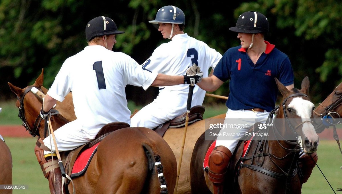 Princes William & Harry playing on opposite sides at Vodafone Polo Trophy Match in aid of Hope for Tomorrow and The Prince's Trust at the Beaufort Polo Club, watched by Kate and Chelsy, 2006