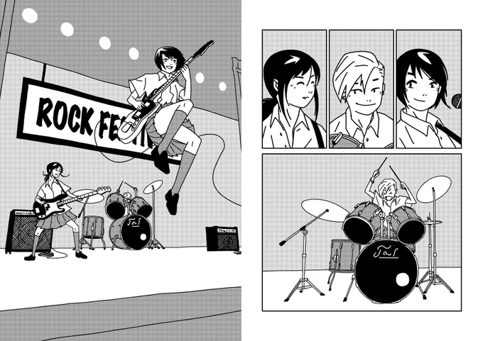 Two more pages from the story I pitched to a Japanese publisher a few months ago. Girls and guitars, you know the drill. 