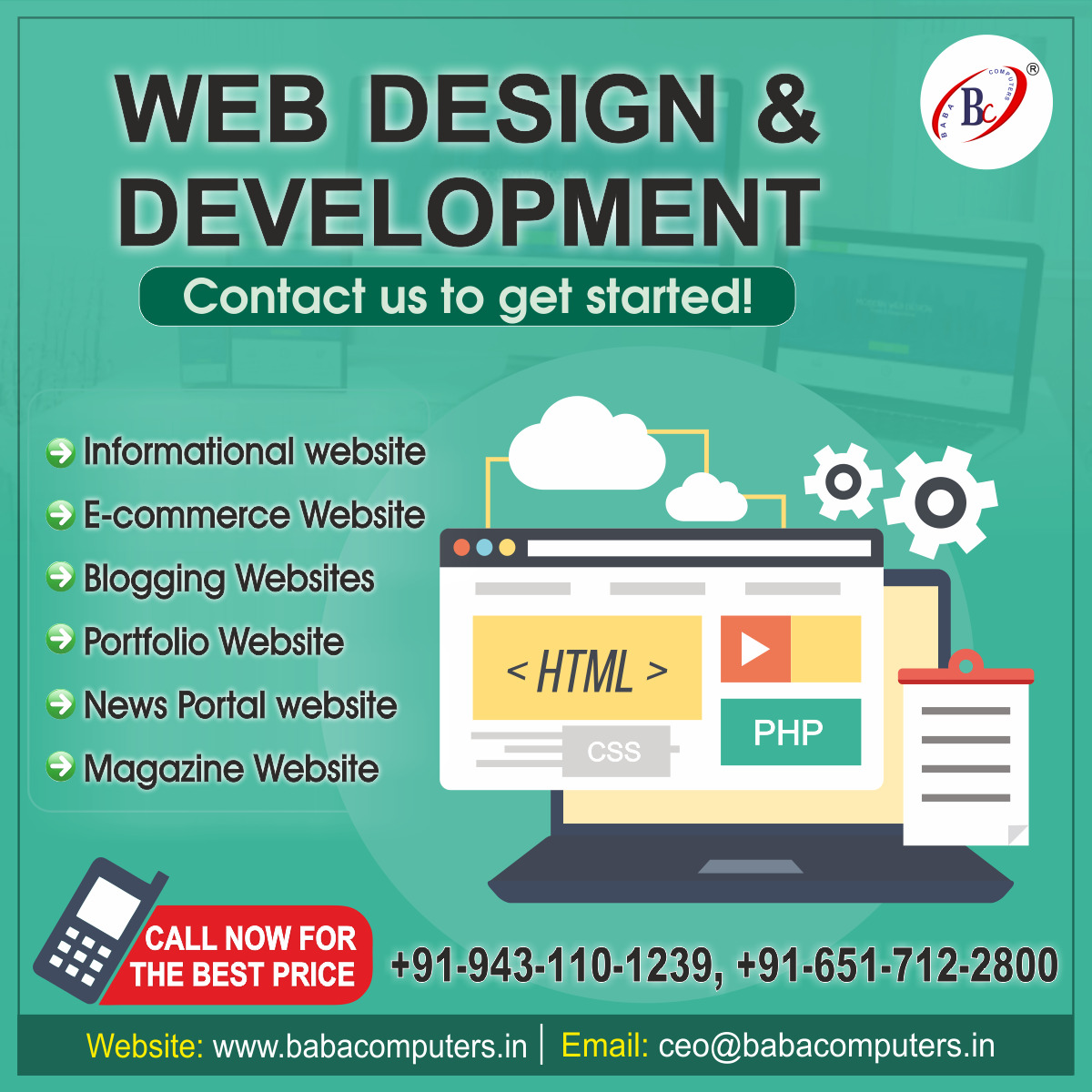 BabaComputerIND's tweet photo. 𝐍𝐞𝐞𝐝 𝐚 𝐧𝐞𝐰 𝐰𝐞𝐛𝐬𝐢𝐭𝐞?
We design and develop beautyful websites. Want to take your business to the next level? It's time to get a new amazing website.
🌍 : https://t.co/9zU7AOxPXB
Contact us :
 ☎ +91-651-712-2800
📞 +91-943-110-1239
Email : ceo@babacomputers.in https://t.co/sIOwiTXP6X