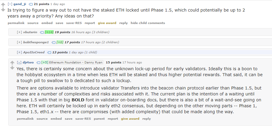 5/ Status of the eth1 <> eth2 merger and/or 2-way bridge. https://old.reddit.com/r/ethereum/comments/ho2zpt/ama_we_are_the_efs_eth_20_research_team_pt_4_10/fxfe40e/