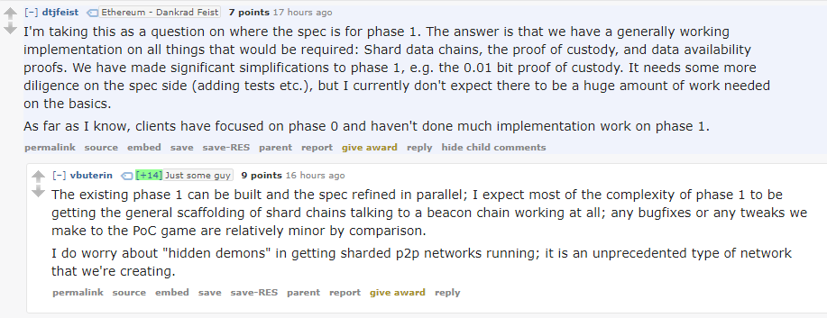 2/ Status of eth2 phase 1. https://old.reddit.com/r/ethereum/comments/ho2zpt/ama_we_are_the_efs_eth_20_research_team_pt_4_10/fxfcsu6/