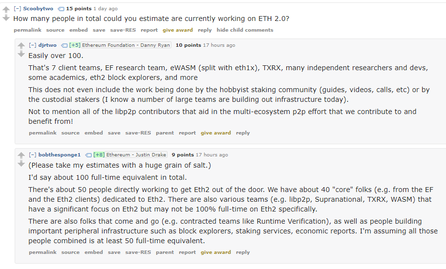 11/ How many people are working on eth2. https://old.reddit.com/r/ethereum/comments/ho2zpt/ama_we_are_the_efs_eth_20_research_team_pt_4_10/fxgb3ad/