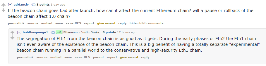 17/ Can a bug on the eth2 chain (during phase 0) effect the eth1 chain? https://old.reddit.com/r/ethereum/comments/ho2zpt/ama_we_are_the_efs_eth_20_research_team_pt_4_10/fxg0kpo/