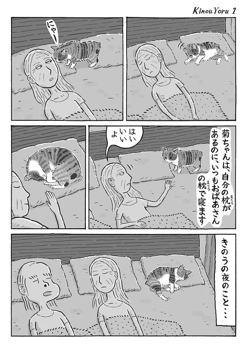 2ページ猫漫画「きのうの夜に」 #猫の菊ちゃん 