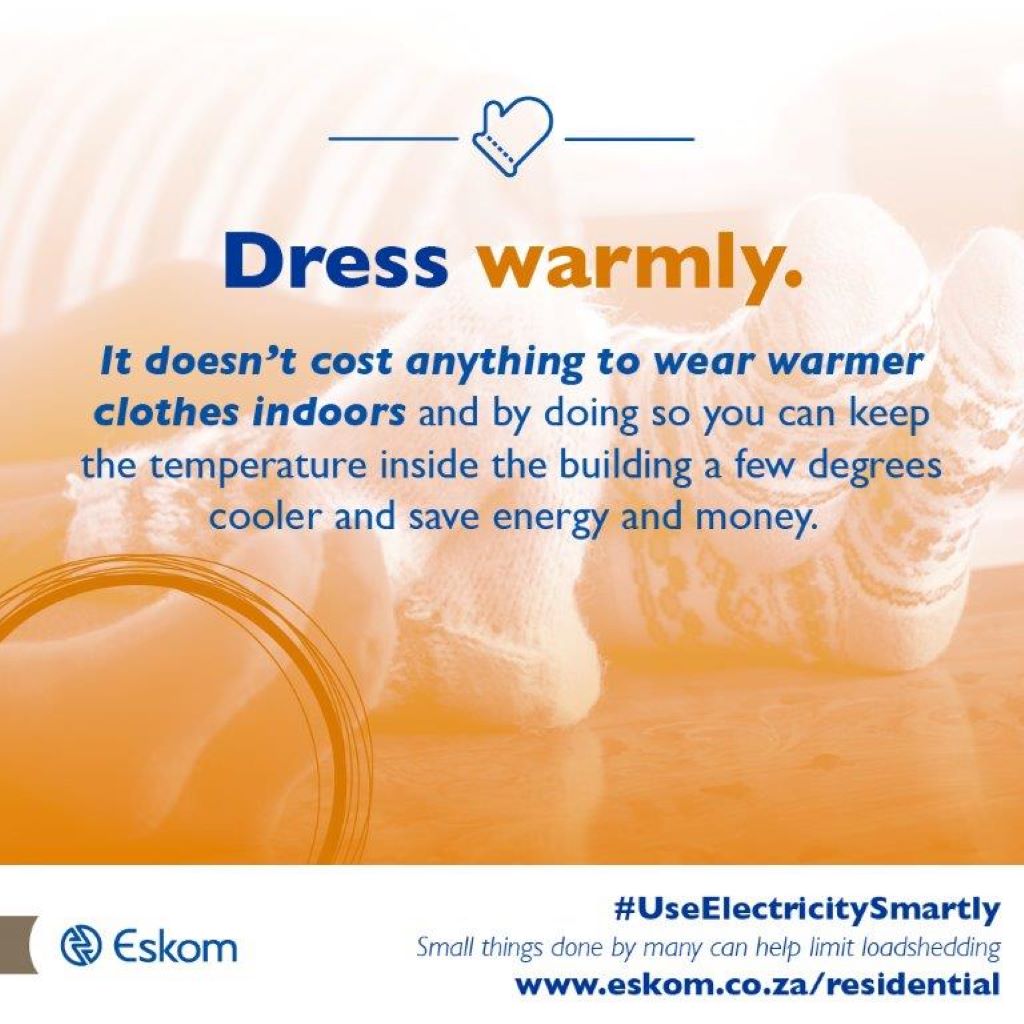 Eskom_SA's tweet photo. Keep cosy without wasting energy this winter. Think before you switch on a heater. Let's be #EnergyEfficient and #UseElectricitySmartly https://t.co/2mwamSYN0S