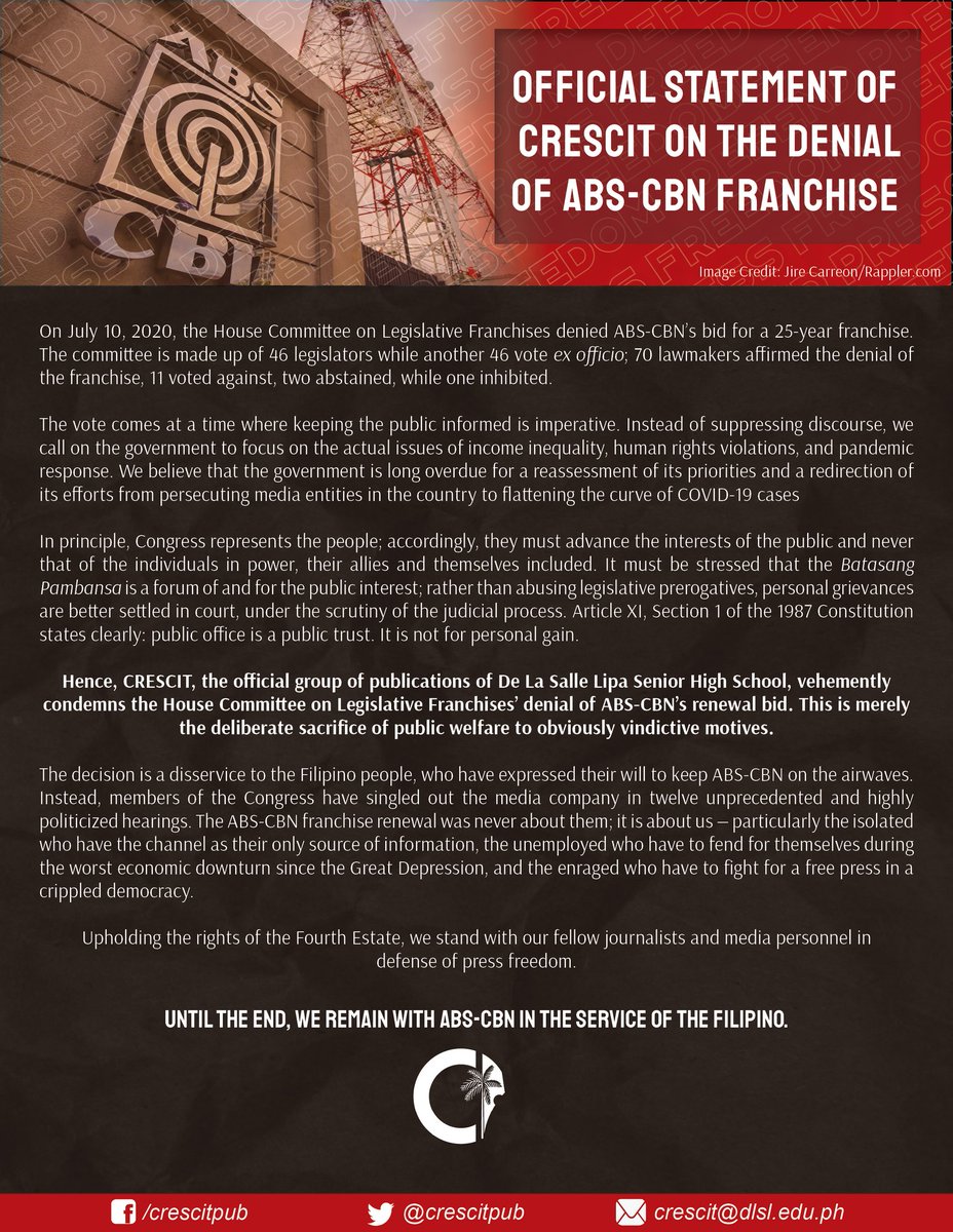 CRESCIT's statement on the denial of ABS-CBN's franchise renewal.

#DefendPressFreedom #NoToABSCBNFranchiseDenial
