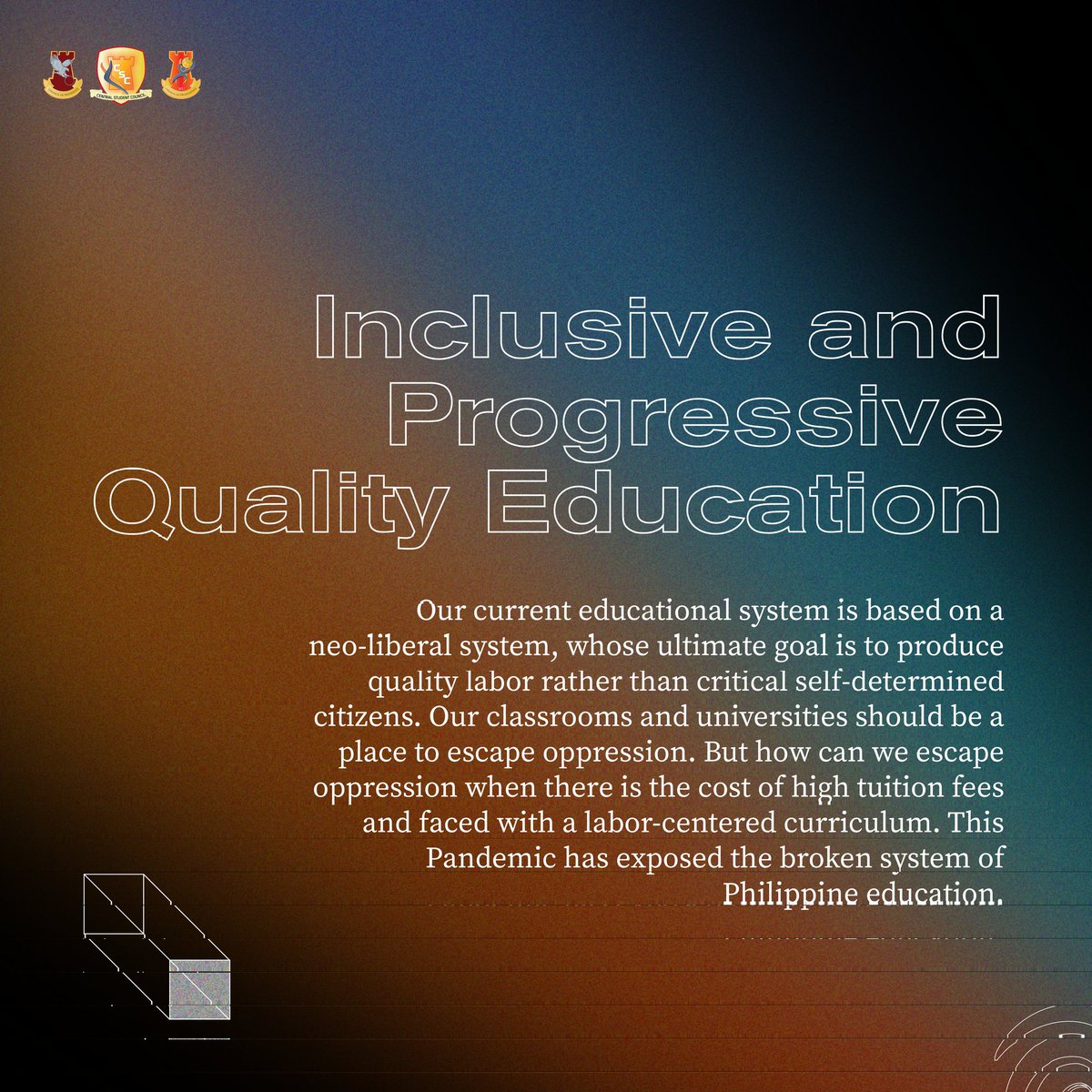 MapuaUnivCSC's tweet photo. Inclusive and Progressive Quality Education

Our current educational system is based on a neo-liberal system, whose ultimate goal is to produce quality labor rather than critical self-determined citizens. Our classrooms and universities should be a place to escape oppression. https://t.co/XkmDlJs8mG