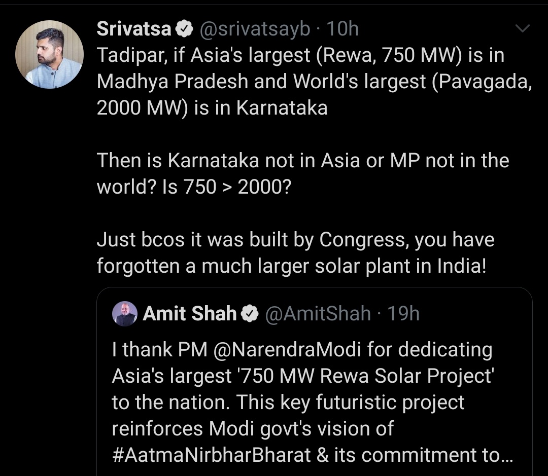 Modi ji inorgaqted the LARGEST SOLAR POWER PLANT in ASIA yesterday in REWA and CONGRESS is claiming it to be incorrect as per  @srivatsayb PAVAGADA is the Largest SOLAR POWER PARK in KARNATAKA.Lets prove who is right and who is feku.Read this thread to understand 1/n