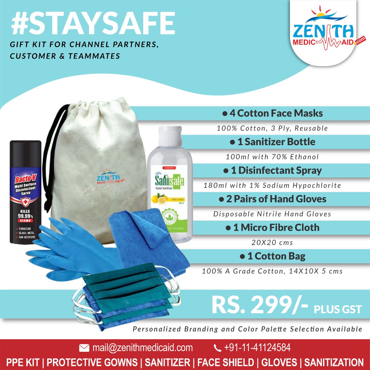zenithmedicaid's tweet photo. Zenith Medicaid offers a safety kit including cotton face masks, gloves, sanitizer bottle, disinfectant spray, micro-fibre cloth, and a cotton bag. You can also get this kit customized as per your brand or color palette preference.
Book Online @ https://t.co/etcBkQIGaB
#giftkit https://t.co/BCHIFe2aIt
