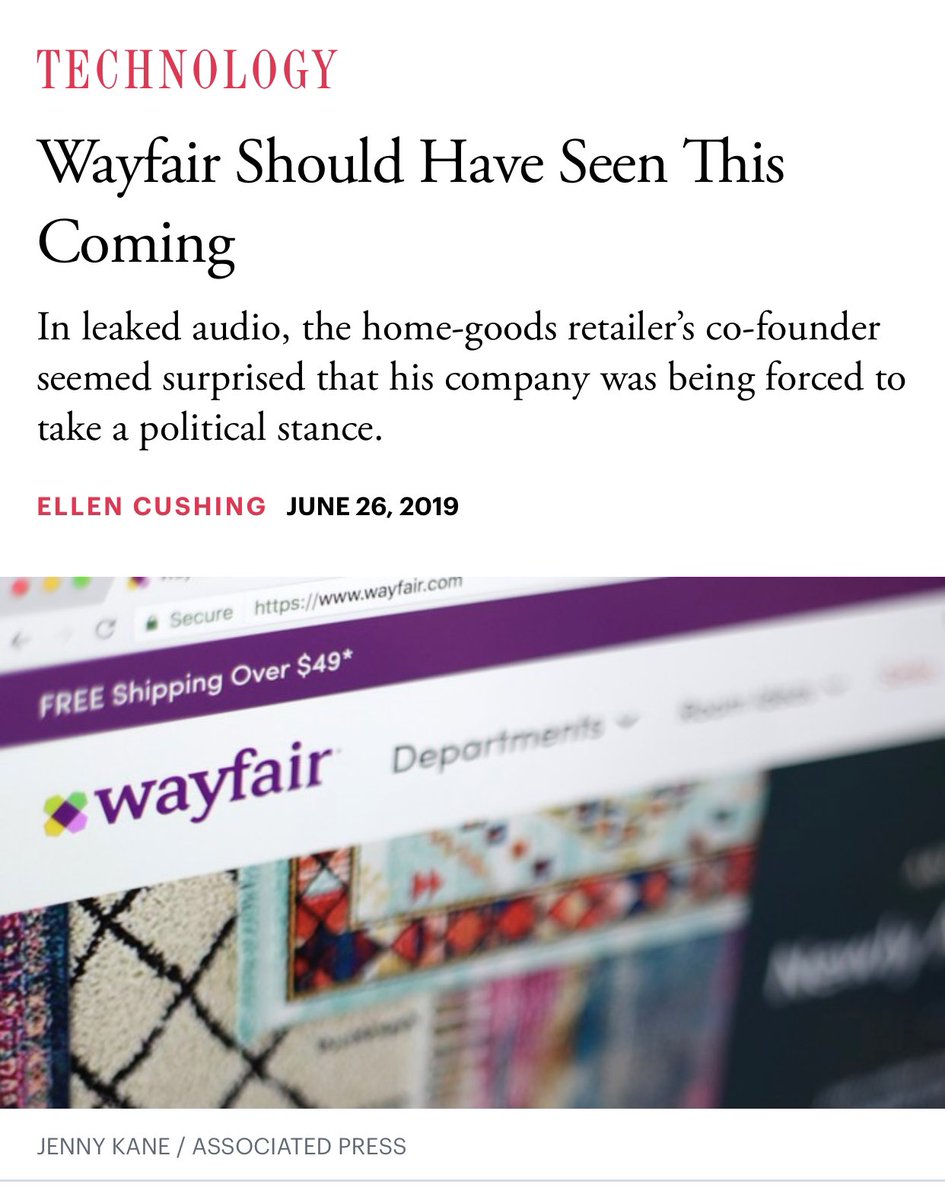 Wayfair and BCFS ties...they “sold” $200,000 of bedroom furniture supposed to go to new detention center in Texas where at least 1600 immigrants were detained  https://www.theatlantic.com/technology/archive/2019/06/wayfair-walkout-and-corporate-responsibility/592597/