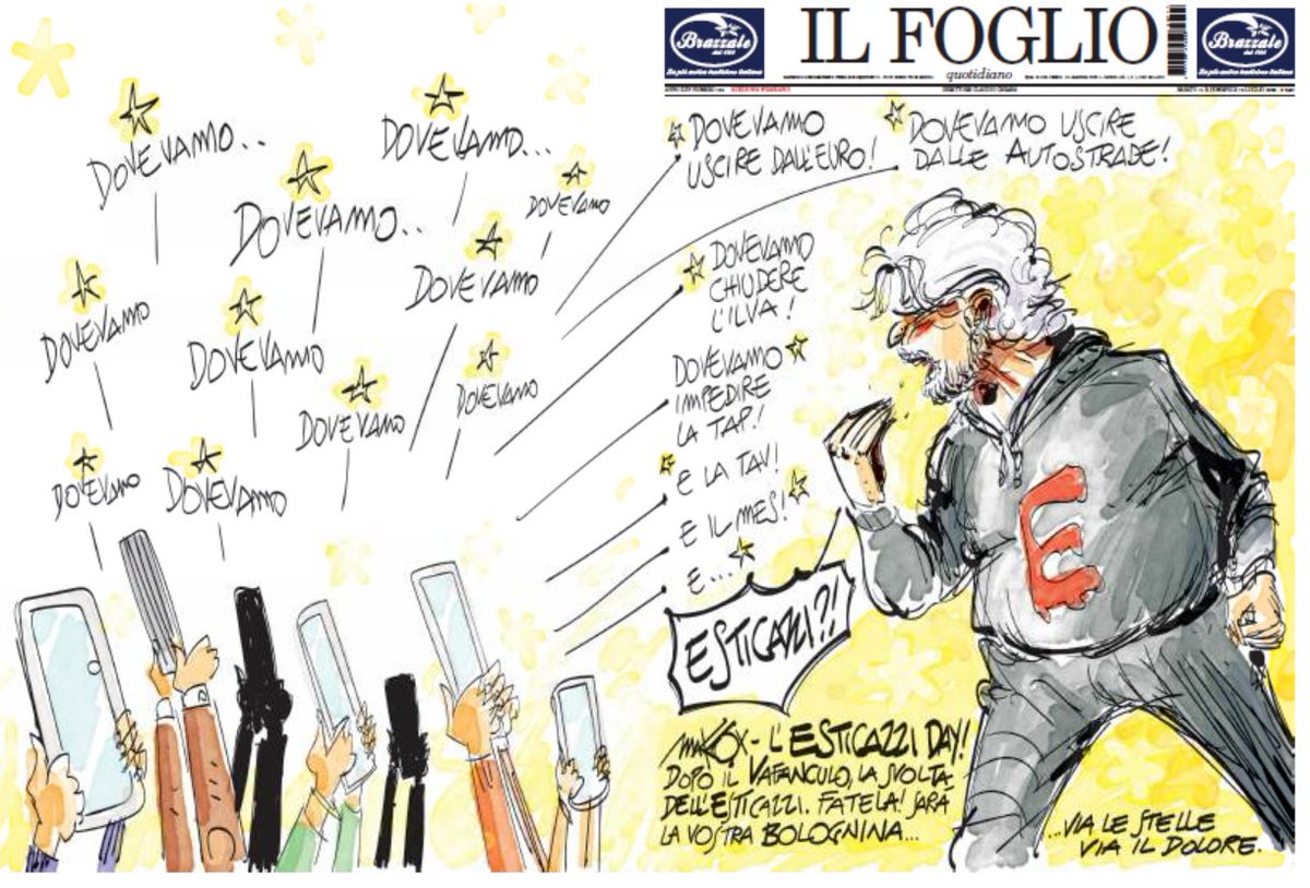 claudiocerasa's tweet image. Andate in edicola: c’è una copertina da collezione oggi sul Foglio disegnata dal grande @makkox (il M5s dal vaffa day allo sticazzi day) 🥶