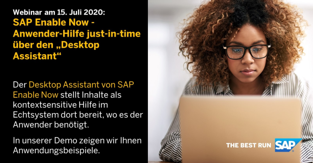 ConnyGottwald's tweet photo. Unsere kompakte Demo zeigt die just-in-time Hilfe für Anwender über den „Desktop Assistant“ von #SAPEnableNow. Der #DesktopAssistant stellt Inhalte als kontextensensitive Hilfe im Echtsystem dort bereit, wo es der Anwender benötigt. #saptraining #webinar https://t.co/LhyHYvLTi0 https://t.co/yNCZxCiFdl