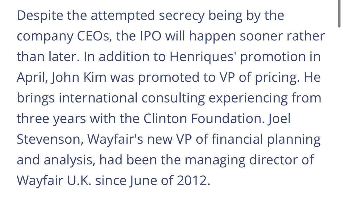 He served on the Clinton Foundation for 3 years as well  https://www.newspronto.com/news/post/4382-wayfair-ipo-could-be-on-the-horizon