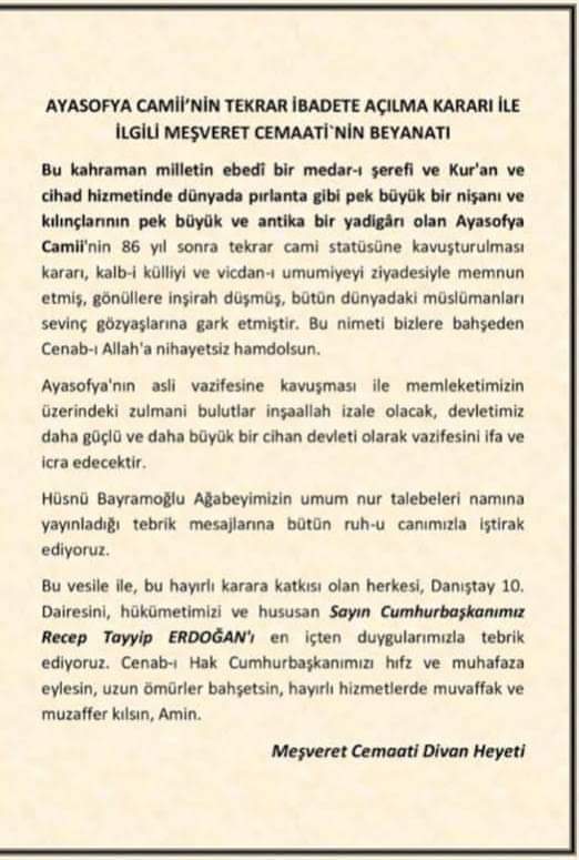 Ayasofya Camii ile ilgili meşveret cemaatinin beyanatı