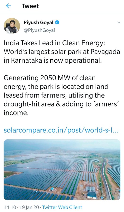 PAVAGADA: is divided into eight sections with a capacity of 250MW each. The eight sections are further divided into five blocks of 50MW each. As  @PiyushGoyal ji mentioned correctly :"World’s largest SOLAR PARK at Pavagada in Karnataka is now operational"