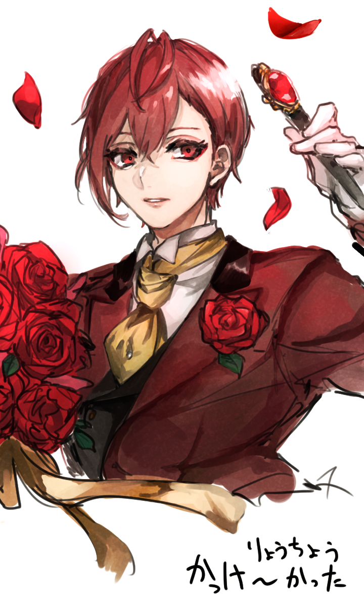 flower rose 1boy red hair red eyes male focus solo  illustration images