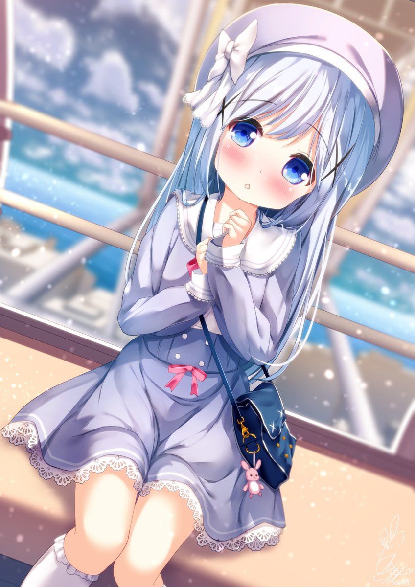 kafuu chino 1girl solo blue eyes hat long hair blurry background blush  illustration images