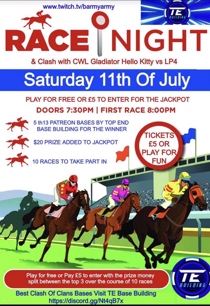 Get ready we have a massive night ahead. Race night with a prize pool over already over £100 and <a href="/champwarleague/">Champions War League</a> quarter with <a href="/HelloKitty_CoC/">Hello Kitty CoC</a> and <a href="/LP4_Hades/">LP4 Hades 🔥</a> . Doors open at 7.30 bst live on twitch barmyarmy.tv